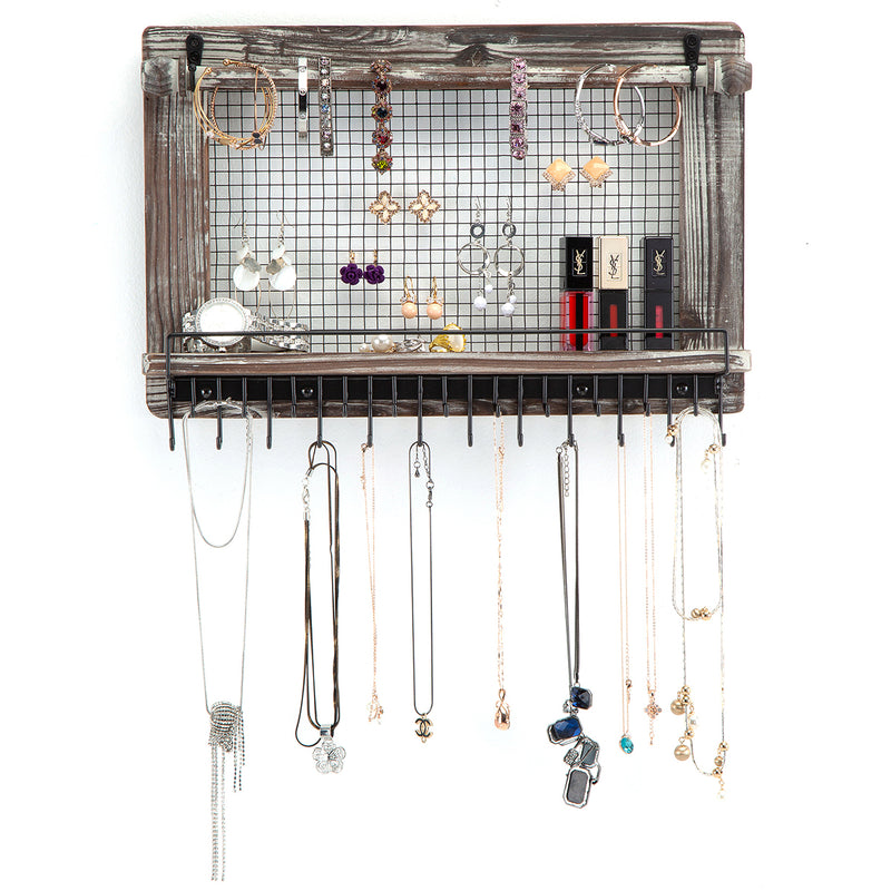 Rustic Jewelry Organizer with Wall Mesh Earring Holder