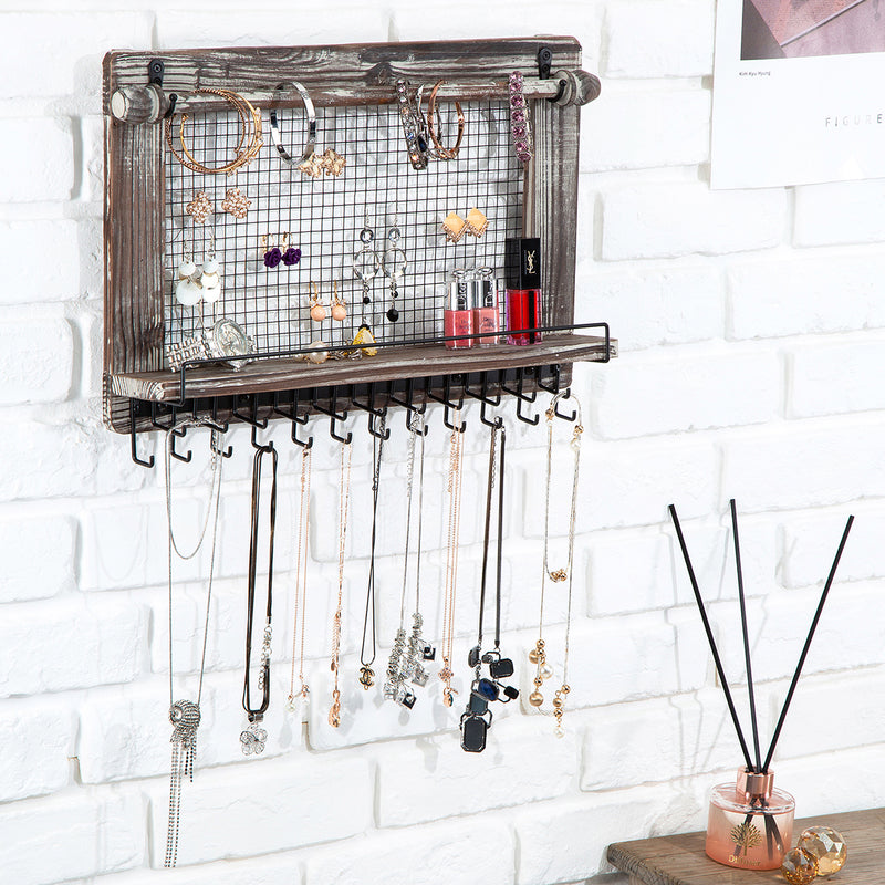 Rustic Jewelry Organizer with Wall Mesh Earring Holder