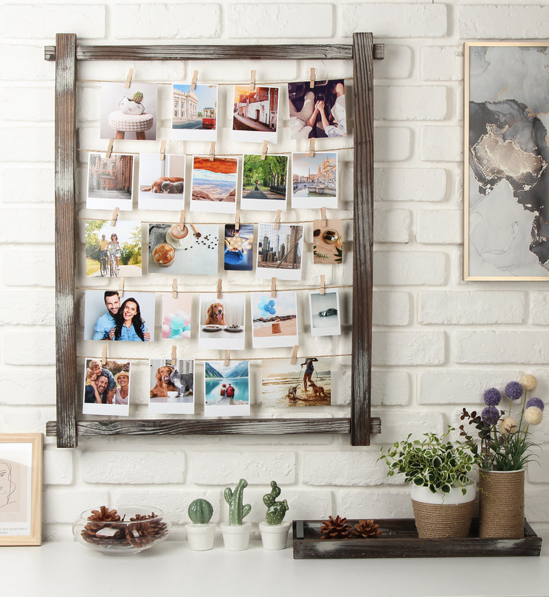 Rustic Wood Frame Photo Holder Board with 35 Clips