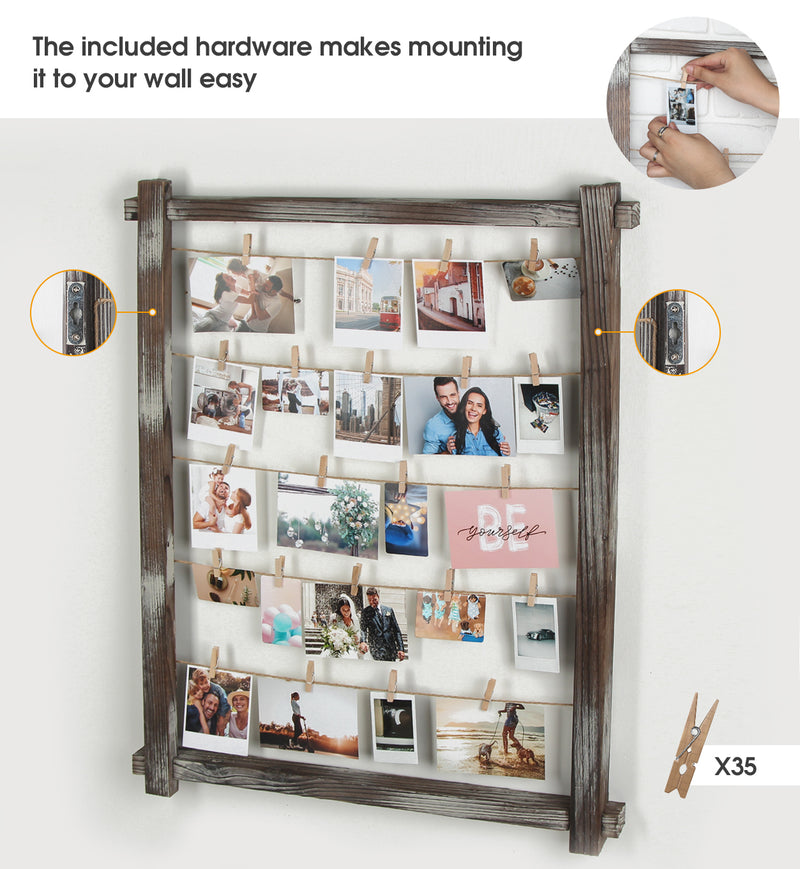 Rustic Wood Frame Photo Holder Board with 35 Clips