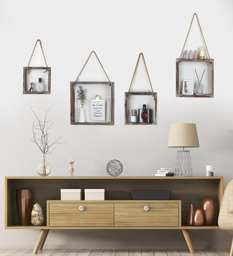Set of 4 Rustic Wood Floating Square Shelves