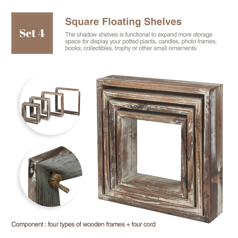 Set of 4 Rustic Wood Floating Square Shelves
